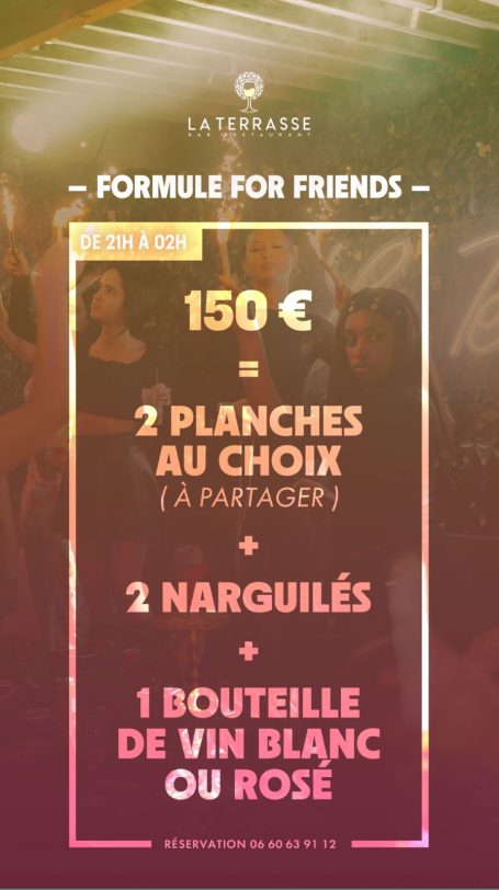 Invitation à une soirée avec formule incluant planches, narguilés et bouteille de vin.